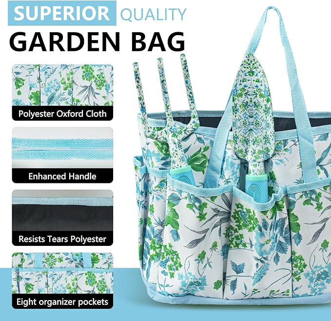 Garden Tool Set 9 Piece Aluminum Alloy Gardening Hand Tools Kit Gift for Women & Parent Gardening Supplies with Gloves,Tote,Kneeling Pad,Hand Pruner,Trowel,Hand Rake,Weeder,Fork,Transplanter