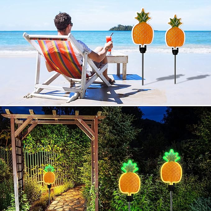 ANGMLN Solar Pineapple Neon Light - 2 Metal Garden Stake Lights 42 inch Path Lighting for Garden Yard Lawn Patio Walkway Decor Gifts for Mom Grandmother