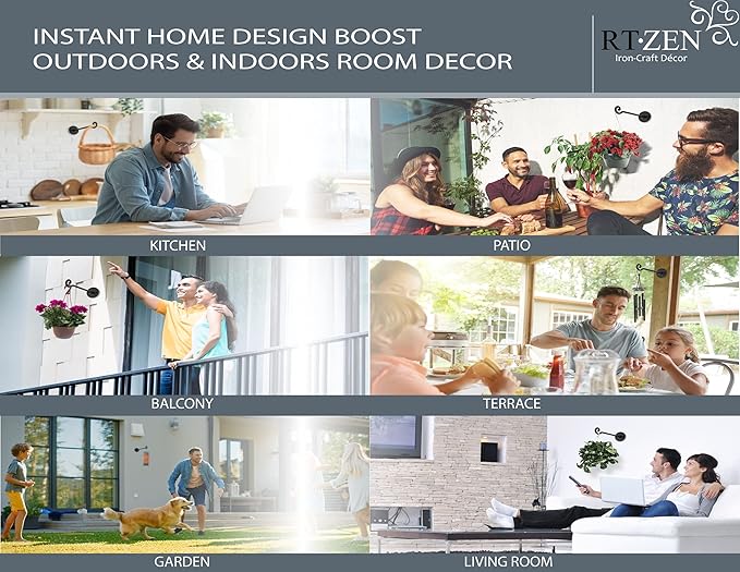 RTZEN Plant Hangers Outdoor or Indoor - Wrought Iron Metal Hanger Indoor Hook - Heavy Duty Wall Bracket Hooks for Hanging Plants Baskets Lanterns Wind Chimes - 2 Pack (Black Swirl Hooks)