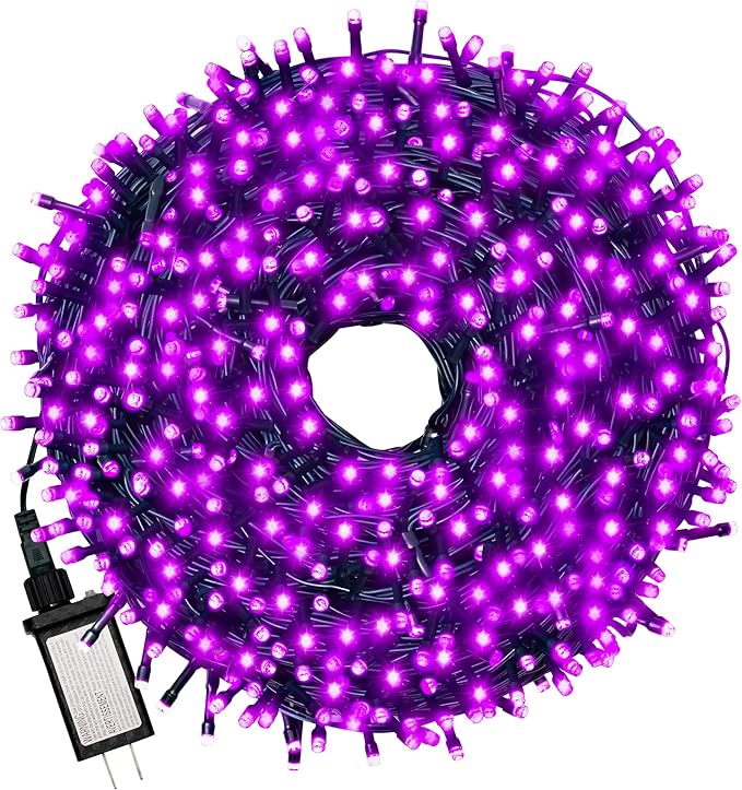 Christmas Tree Light 500 LEDs 172ft Green Cable Wire Low Voltage Fairy String Twinkle Lights Waterproof 12 Modes for Party, Halloween, Outdoor, Garden, Wedding, Home Decoration (Purple)