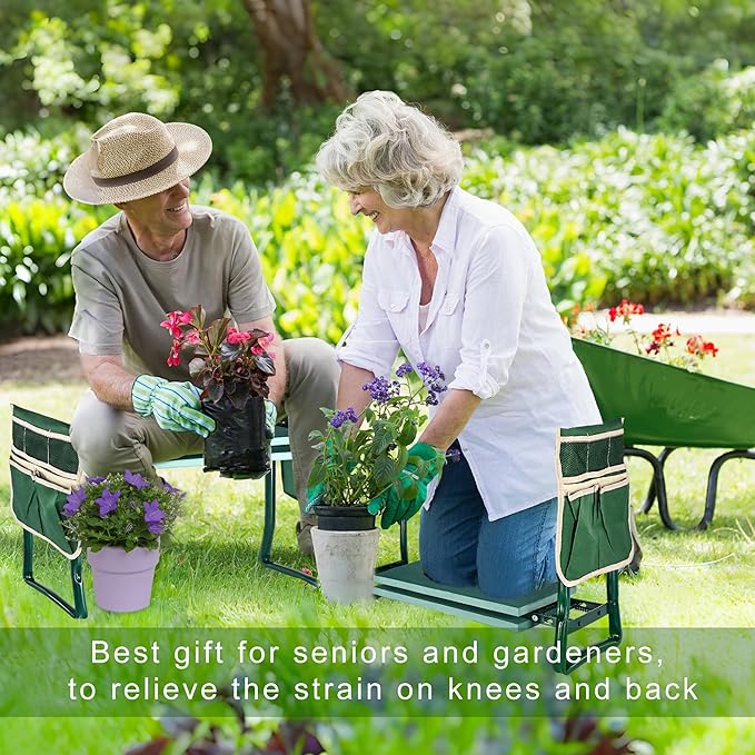 Upgraded Garden Kneeler and Seat with Oversized 10"x16" Pad– Foldable Kneeler and Stool for Gardening, Heavy Duty Gardening Stool with 2 Tool Pouches