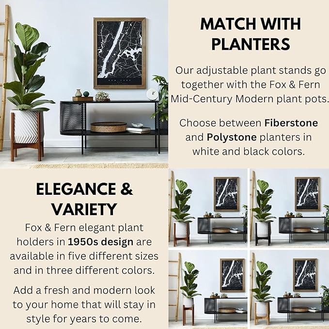 Fox & Fern Large Adjustable Plant Stand Indoor — 11 to 15 Inch Mid Century Bamboo Plant Stand; Plug In Design; Easy to Assemble; Two Height Options - For 11, 12, 13, 14 & 15 Inch Pots (Not Included)