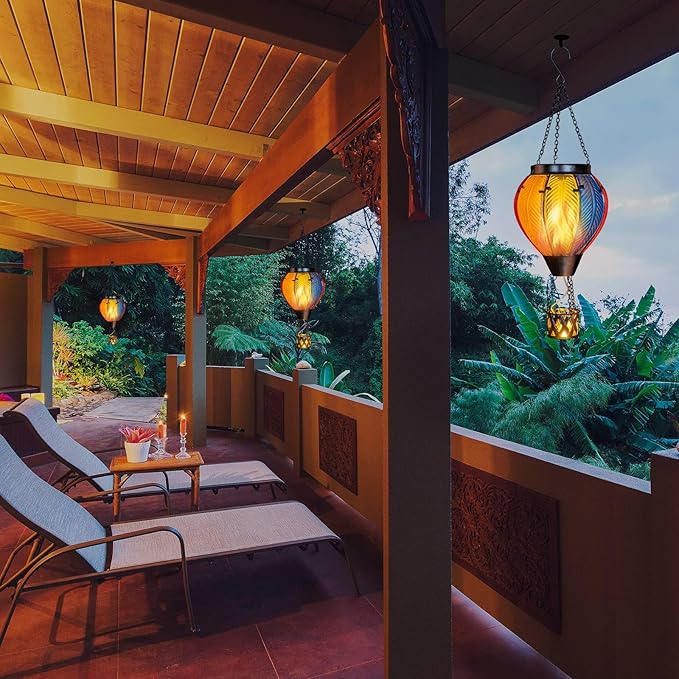 pearlstar Hot Air Balloon Solar Lantern with Flickering Flame Light Outdoor Solar Hanging Lights Waterproof for Garden Yard Farmhouse Patio Pathway Outside Decoration,Glass, Rainbow