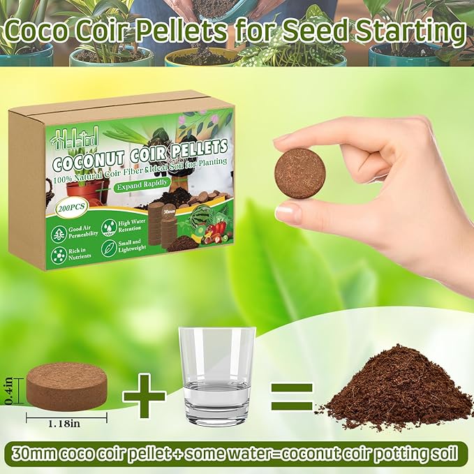 Halatool 30mm 200pcs Organic Coconut Coir Pellets Soil for Planting, Compressed Coco Coir Soil Potting Soil Seed Starters for Growing Vegetables, Fruits, Flowers