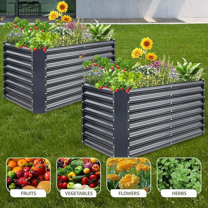 4x2x2ft (2 Pack) Raised Garden Bed - Galvanized Deep Root Planter Boxes Outdoor with Wing Nuts and Safety Edges for Gardening Vegetables, Flowers, Herbs, Succulents - Gray