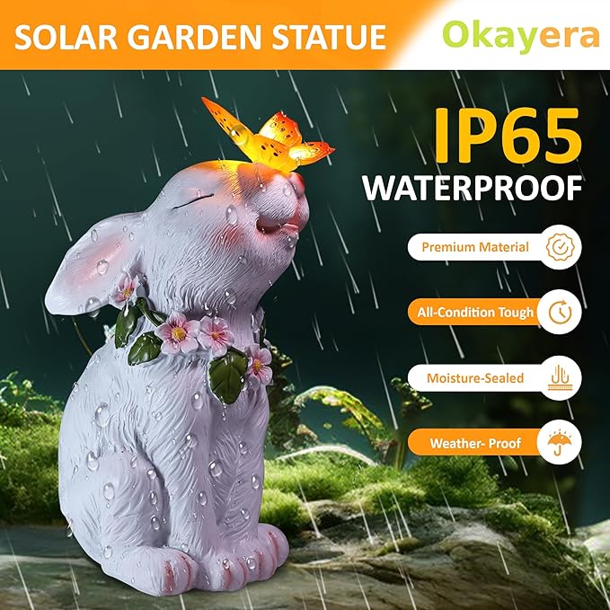 Solar Bunny Easter Garden Outdoor Decor, Large Outside Lawn Rabbit Animal Ornaments for Patio Clearance Balcony Yard, Easter Gift to Mom Women Birthday Mother's Day