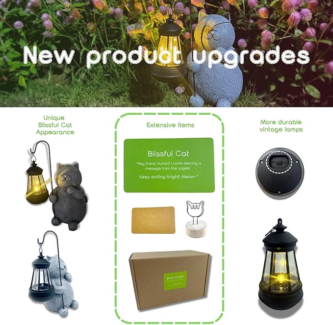 BIRD'S CRADLE Blissful Cat Solar Garden Statue - Outdoor Art Decor, Cat Lovers Themed Gift, Unique Patio, Balcony, Yard, Birthday, Housewarming Gardening Figurine Gifts for Mom, Grandma, Wife, Women