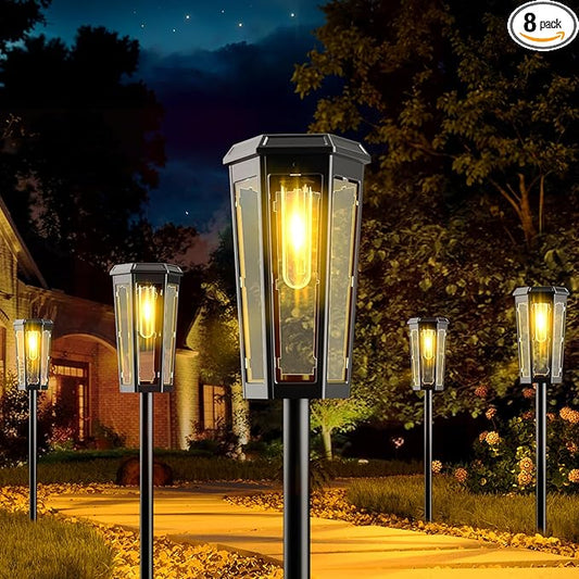 KINKAI Solar Walkway Lights Outdoor - 8 Pack Classic Pathway Light Waterproof Driveway Lamps Landscape Lighting with Filament Bulb for Outside Garden Lawn Patio Sidewalk Yard (Warm Light)