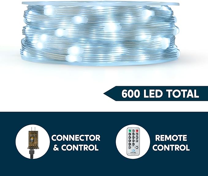 Joiedomi 600 LED Christmas Lights Outdoor,197 FT Cool White Christmas Tree Lights with 8 Modes Timer, PVC Clear Wire String Lights with Reel for Indoor Outdoor Holiday Xmas Eve Night Decorations