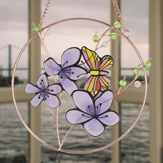 Suncatcher Stained Glass Window Hanging,DASTOLL Floral Butterfly Design Beautiful Suncatchers for Windows,Elegant Sun Catchers for Indoor Window Decor Beautiful Gifts for Butterfly Lovers