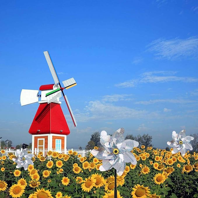 BATTIFE 10 Pack Reflective Pinwheels for Yard and Garden, Pre-Installed Sparkly Silver Blind Birds Pin Wheel, Scare Birds & Animal Away Wind Spinner