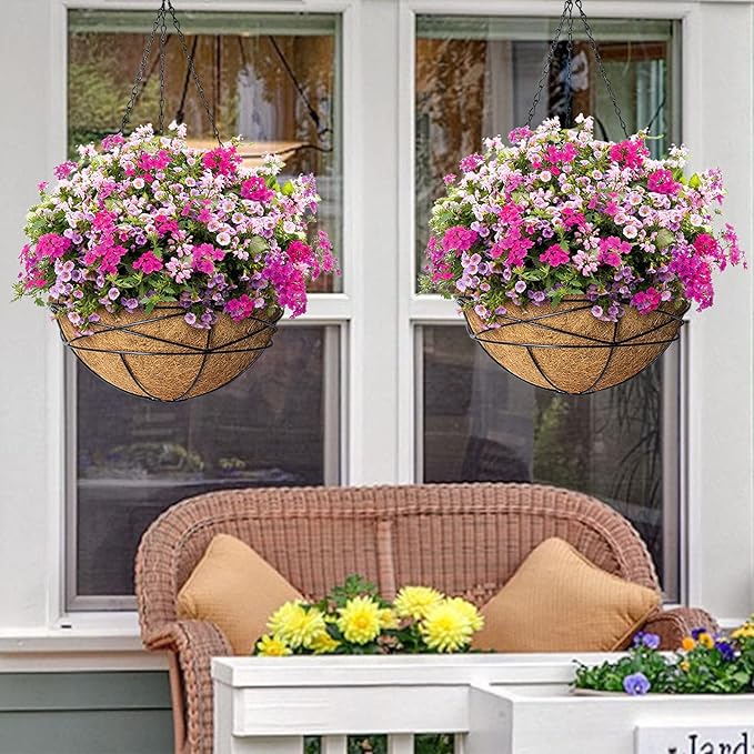 2 Pack 14 Inch Hanging Flower Baskets for Outdoor Plants Large Metal Wire Planters with Coco Liner Pot for Home Planting Round Watering Plant Holders for Outside Garden