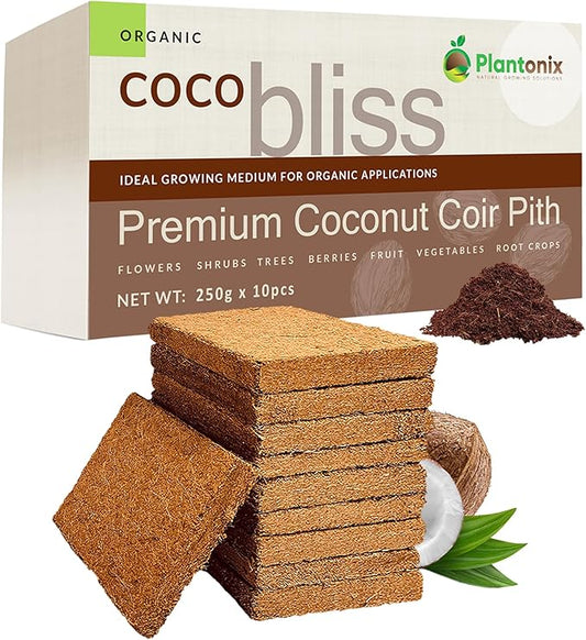 Coco Bliss Coco Coir Bricks (250gm Bricks, 10-Pack) - Organic Coco Coir for Plants - OMRI-Listed Coconut Coir for Plants - Coconut Coir Bricks - Coco Peat for Plants, Garden Soil, & Organic Mulch
