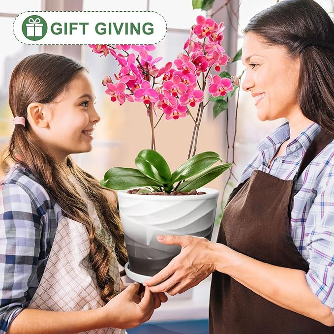 8 Inch Plant Pot, Ceramic Planter with Drainage and Saucer, Ceramic Pots for Plants, Indoor Plant pots,Ceramic Flower pots(Dark Gray+White)