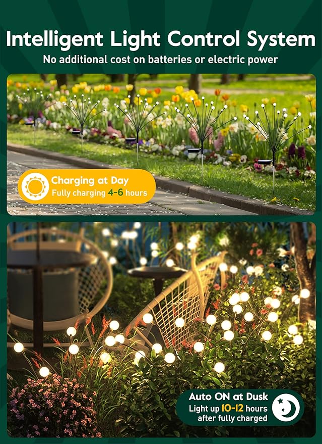 Brightown Solar Garden Lights - 4 Pack 12 LED Firefly Lights, Sway by Wind, Waterproof, Warm White