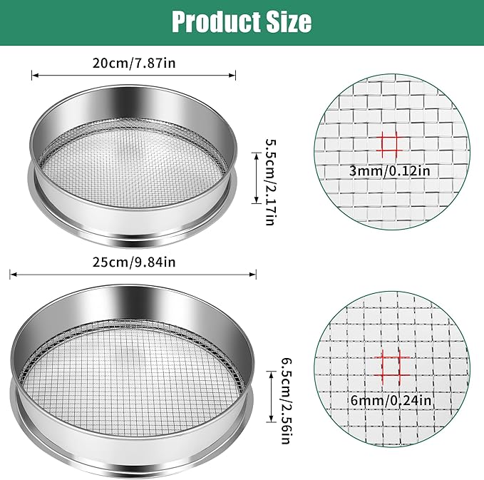2 Pcs Garden Soil Sifter, Stainless Steel Mesh Screen Dirt Sifter, Sifting Pan-Sieve for Sand Rocks Dirt Compost, 1/4" and 1/8" Mesh