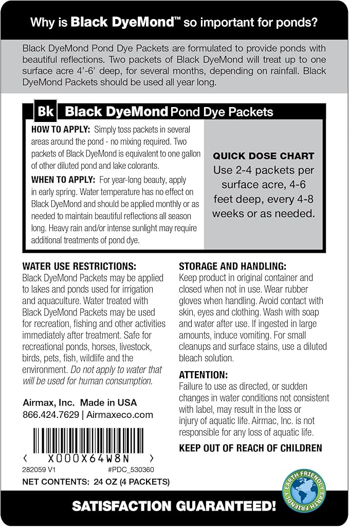 Airmax Pond Dye Packets Black DyeMond Colorant for Large Pond & Lake, Beneficial UV Blocking Color Concentrate, Maintain Clean & Clear Pond, Fish, Bird & Animal Safe, Easy Treatment, 2 Soluble Packets
