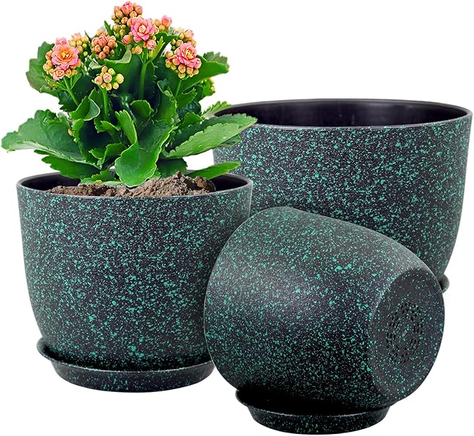 Plant Pots 10/9/8 inch, Set of 3 Modern Decorative Plastic Planters with Drainage Holes and Saucers for Garden House Plants, Flower Pots for Indoor Outdoor Plants, Black with Green Speckles