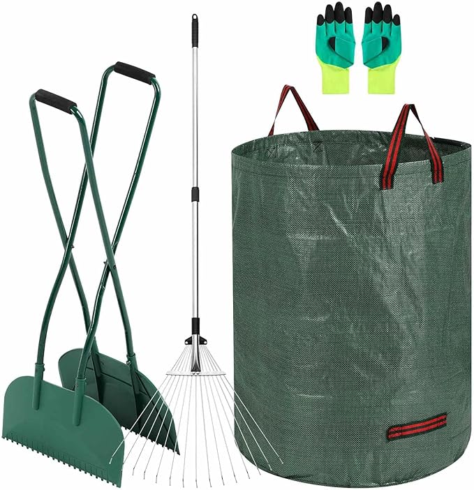 Leaf Grabber and Leaf Rake Set Includes Leaf Scoops with Long Handle, Adjustable Metal Leaf Rake, 79 Gallon Reusable Yard Waste Bags and Work Gloves, Leaf Collector Yard Tools