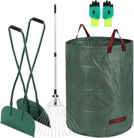 Leaf Grabber and Leaf Rake Set Includes Leaf Scoops with Long Handle, Adjustable Metal Leaf Rake, 79 Gallon Reusable Yard Waste Bags and Work Gloves, Leaf Collector Yard Tools
