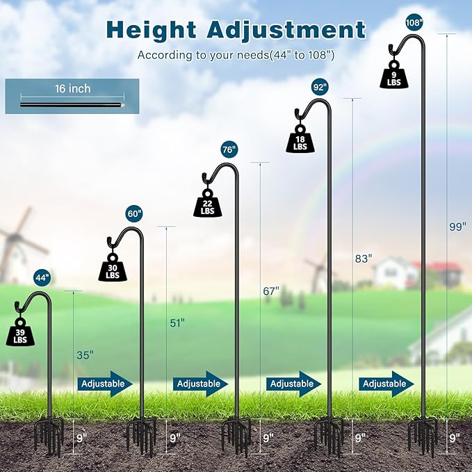Gtongoko Tall Shepherds Hook for Outdoor, 108 Inch Bird Feeder Pole with 7 Prongs Base, 5/8 Inch Thick Heavy Duty Adjustable Garden Hook for Hanging Plant, Lantern, Hummingbird Feeder, 1 Pack