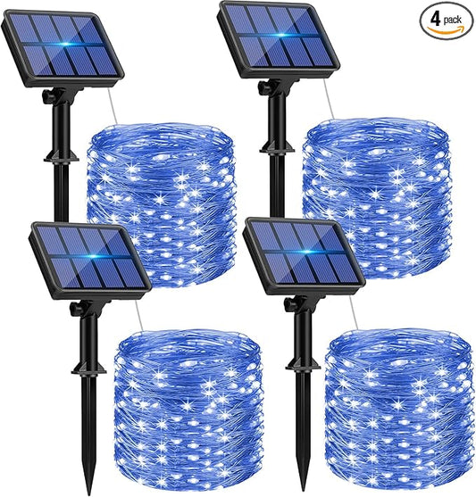 4 Pack Solar String Lights for Outside - 320LED 132FT Solar Fairy Lights Outdoor Waterproof 8 Modes, Copper Wire Solar Powered Twinkle Lights for Tree Garden Christmas Wedding Party Decor, Blue