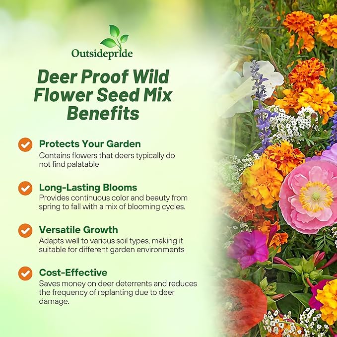 Outsidepride Deer Proof Wildflower Seed Mix - 1/4 lbs. Colorful Blend of Easy to Grow, Drought-Tolerant Annual & Perennial Wildflower Seeds for a Deer-Free,Vibrant Meadow & Pollinator-Friendly Garden