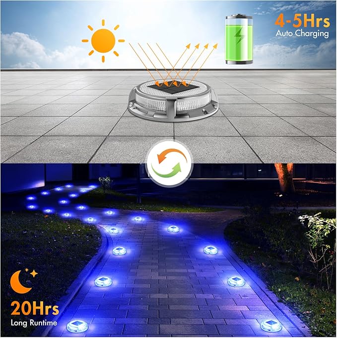 Quntis Solar Deck Lights Outdoor 12 Pack, 3 Color Modes Solar Driveway Lights IP68 Waterproof, Deck Light for Stair Pathway Pool Walkway Road (Blue/Cool White/Warm White)