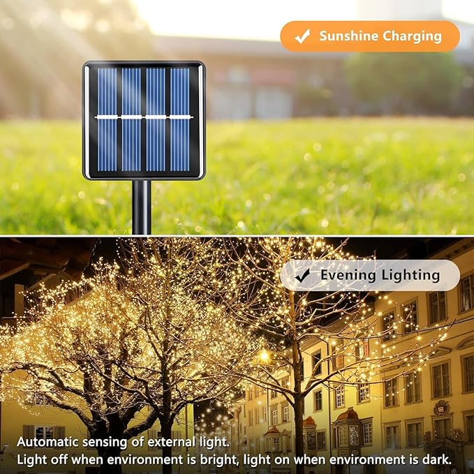 Voolex 4-Pack Solar Christmas String Lights Outdoor -100LED 33FT Solar Powered LED String Light Waterproof with 8 Modes, Solar Powered Lights for Garden, Fence, Party, Tree Decorations Warm White