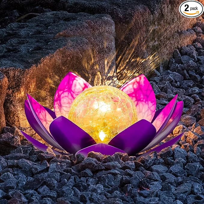 Solar Light Outdoor(2Pack), Art Crackle Globe Glass Lotus Decoration, Solar LED Waterproof Purple Metal Flower Lights for Patio,Lawn,Walkway,Tabletop