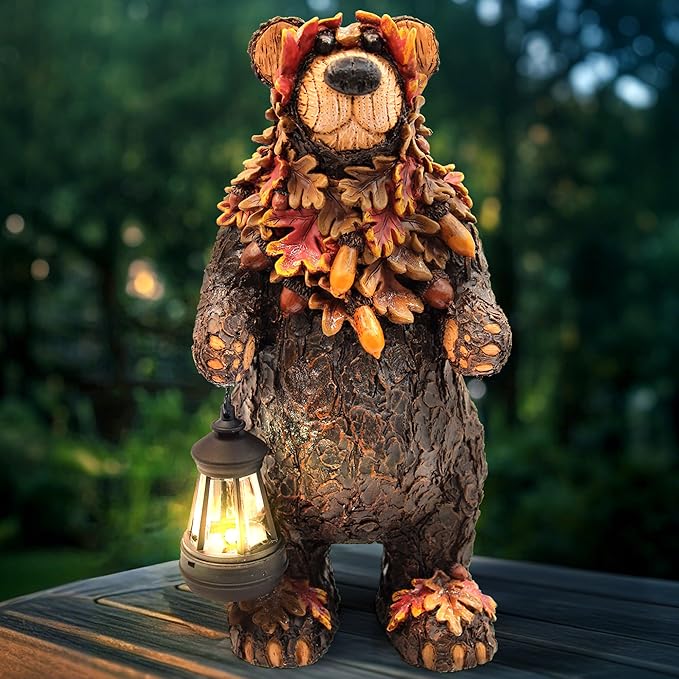 Solar Garden Statue Bear Figurine, Garden Art Outdoor Statues with Solar Lantern, Loving Bear for Patio, Balcony, Yard, Lawn, Unique Housewarming Gifts