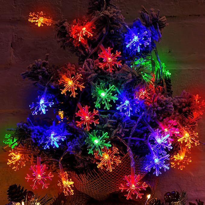 Solar Christmas Snowflake String Lights 100 LED 39 FT Outdoor Waterproof Fairy Lights with 8 Lighting Modes for Wedding, Party, Tree, Room, Garden, Patio, Yard, Home, Multicolor