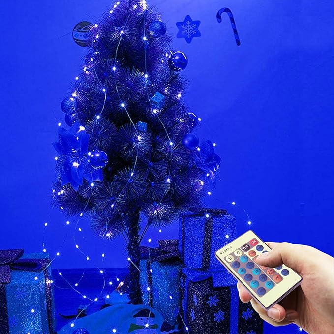 RUICHEN Blue Dimmable Fairy Lights Plug in, Super Long 165 Ft 500 LED Twinkle String Lights with Remote, Waterproof Silver Wire Firefly Lights for Christmas Wedding Party Bedroom Patio Garden