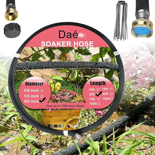 Rubber Soaker Hose, 5/8 inch, 25ft Garden Hose for Irrigation,Water-Saving up to 70%, Aluminium Connector Leak-Proof, Heavy-duty Hose, Watering for Trees,Lawns, Vegetables and Flowers.
