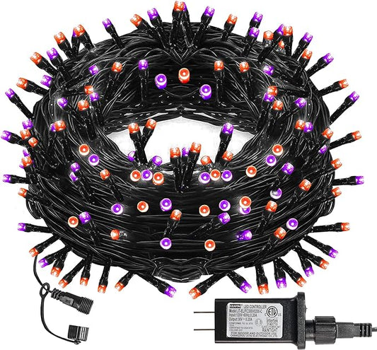 DAZZLE BRIGHT Halloween 300 LED String Lights, 100FT String Lights with 8 Lighting Modes, Halloween Decorations for Party Carnival Supplies, Outdoor Yard Garden Decor (Purple & Orange)