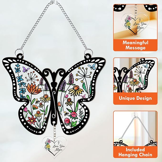 Acrylic Suncatcher Gift for Mom Window Hanging Butterfly Home Decoration 8x8inch, for Mom, for Mom from Daughter Son, Sentimental Best Mom Birthday Gift Ideas