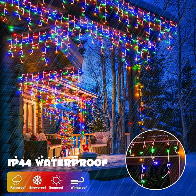 JMEXSUSS 800 LED Christmas Icicle Lights Outdoor Plug-in, Multicolor Waterproof, 8 Modes With 160 Drops for Bedroom House Holiday Party Decorations