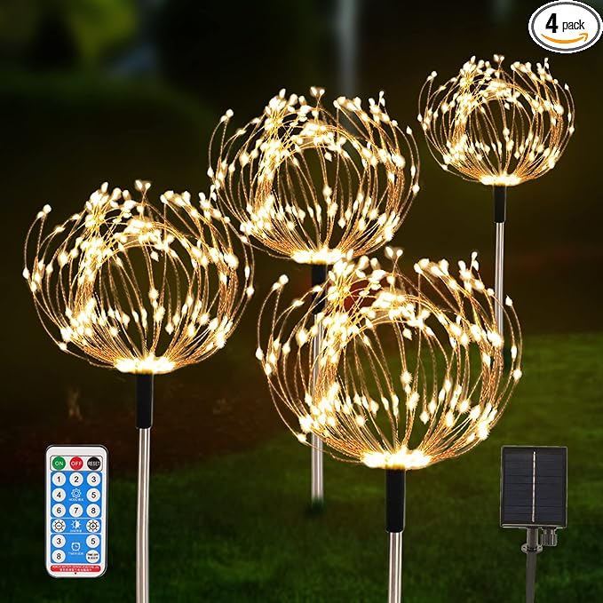 Solar Garden Lights Outdoor 4 Pack 480 LED Firework Landscape Path Lights Solar Powered Starburst Lights Waterproof 8 Lighting Modes with Remote Control for Patio Christmas Party Yard Decorative