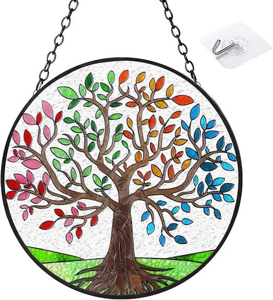 Tree of Life Suncatchers Stained Glass Window Hangings Ornaments, 6.3''* 6.3'' Hand-Painted Vibrant Color Family Tree Sun Catcher Memorial Gifts for Women,Christmas Decor Gifts