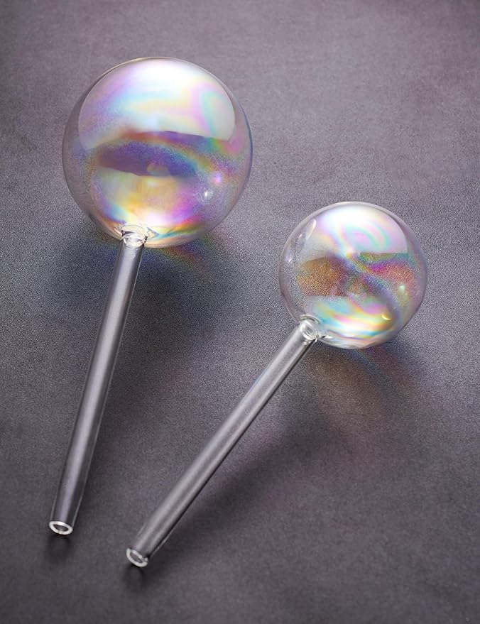 Tomorotec Iridescent Glass Self Watering Globes 4-Pack (2 Large+2 Small), Decorative Hand-Blown Rainbow Glass Watering Bulbs, Automatic Irrigation for Indoor & Outdoor Plants, Easy to Use and Maintain