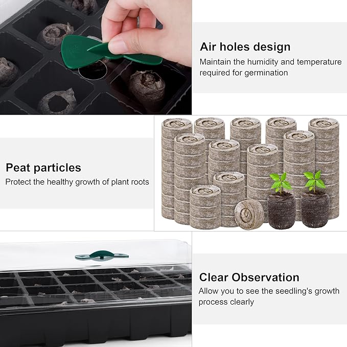 4 Pack 24-Cells Seed Starter Tray Kit Germination Tray with Humidity Dome and Base, Plant Growing Kit Germination Starter Including Peat Pellets, Plant Labels, Tool for Indoor Outdoor, Black