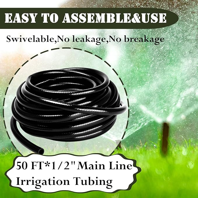 1/2in. Drip Irrigation Tubing - 50FT Drip Line Irrigation System Parts for Garden(Includes 1/2" Straight Connector,Switch Valves, T Connectors, 1/2" to 1/4" Tubing Reducers, Cable Zip Ties)