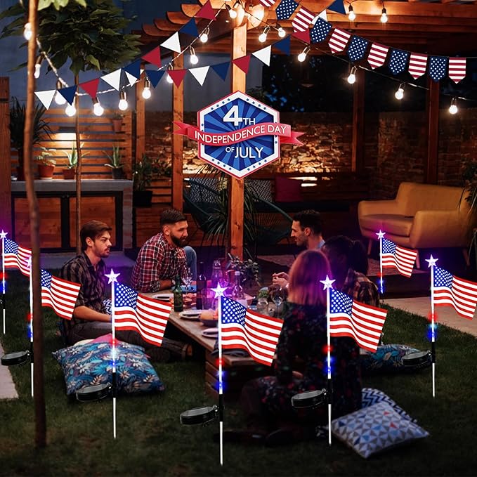 US Flag Solar Garden Lights, 7 Color Changing American Flag Light 4th of July Decorations Outdoor Solar Lights Patriotic Solar Lights for Independence Day Memory Day Garden Yard Pathway - 4 Pack