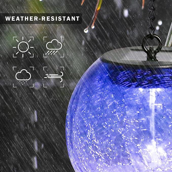 Hanging Solar Lights Outdoor Solar Lanterns Outdoor Decorative Cracked Glass Ball Lights Solar Powered Waterproof LED Globe Lantern for Outdoor Porch Patio Garden Decor Gift Purple
