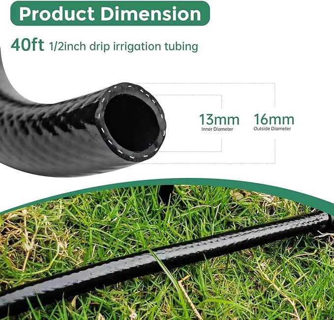 40 FT 1/2 inch Drip Irrigation Tubing Main Line Hose Tube for Garden Irrigation System (Includes 1/2" Straight Connector and 3-Way Connector)