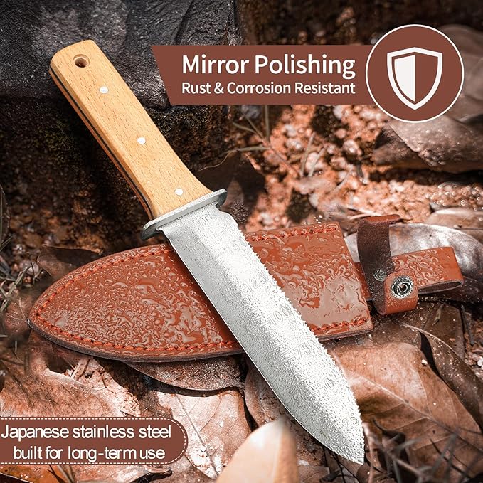 Hori Hori Garden Knife Japanese Stainless Steel, 7'' Durable Gardening Tool for Weeding, Digging, Cutting & Planting with Leather Sheath