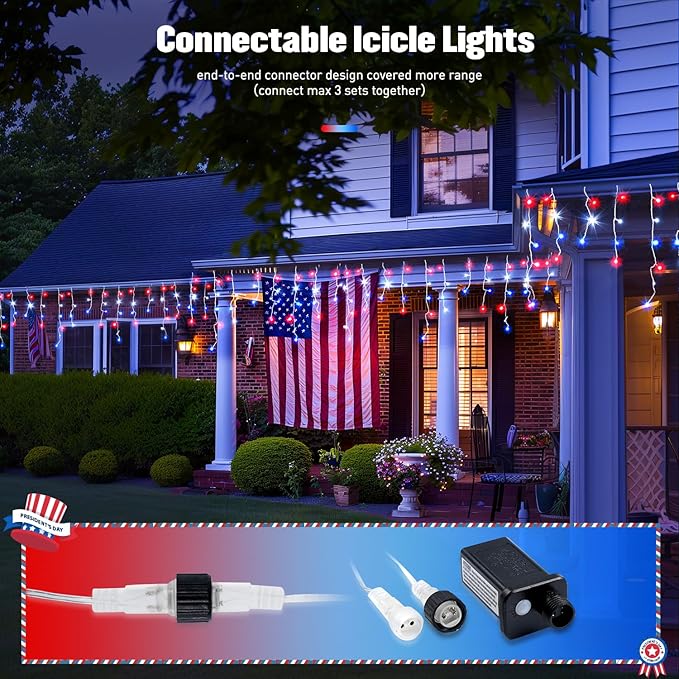 JMEXSUSS Icicle Lights for 4th of July Decor, 400 LED Red White and Blue Icicle Lights for Outside, 38.8 Ft Independence Day Icicle String Lights Indoor Outdoor Holiday Christmas American Flag Decor