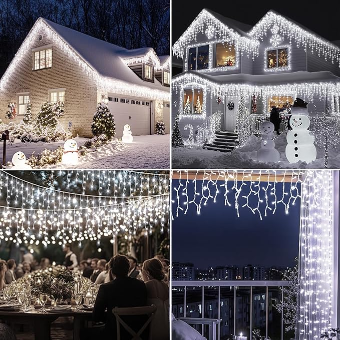 XZAI 800LED 50FT, Icicle String Lights, Plug-in, Cool White, Christmas Party Decors, Connectable, Memory, Remote, 8 Modes, Timer, Dimmable, IP65 Waterproof, Hanging Light for Outdoor & Indoor Use