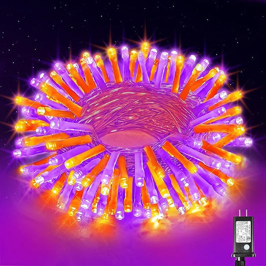 100 LED Halloween Lights Outdoor, 33ft Halloweem String Lights Indoor Clear Wire 8 Modes Waterproof Plug in Twinkle Fairy Lights with Timer Memory for Room Tree Party Decorations, Purple&Orange