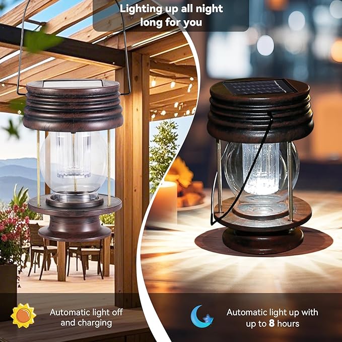 Solar Lantern - Hanging Solar Lights Outdoor - 2 Pack Solar Powered Waterproof Led Lanterns Vintage Design for Landscape Yard Garden Pathway Beach Pavilion Decoration (White Lights)